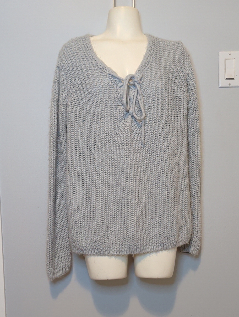 Brunette The Label Light Gray Lace-Up V-Neck Knit Sweater